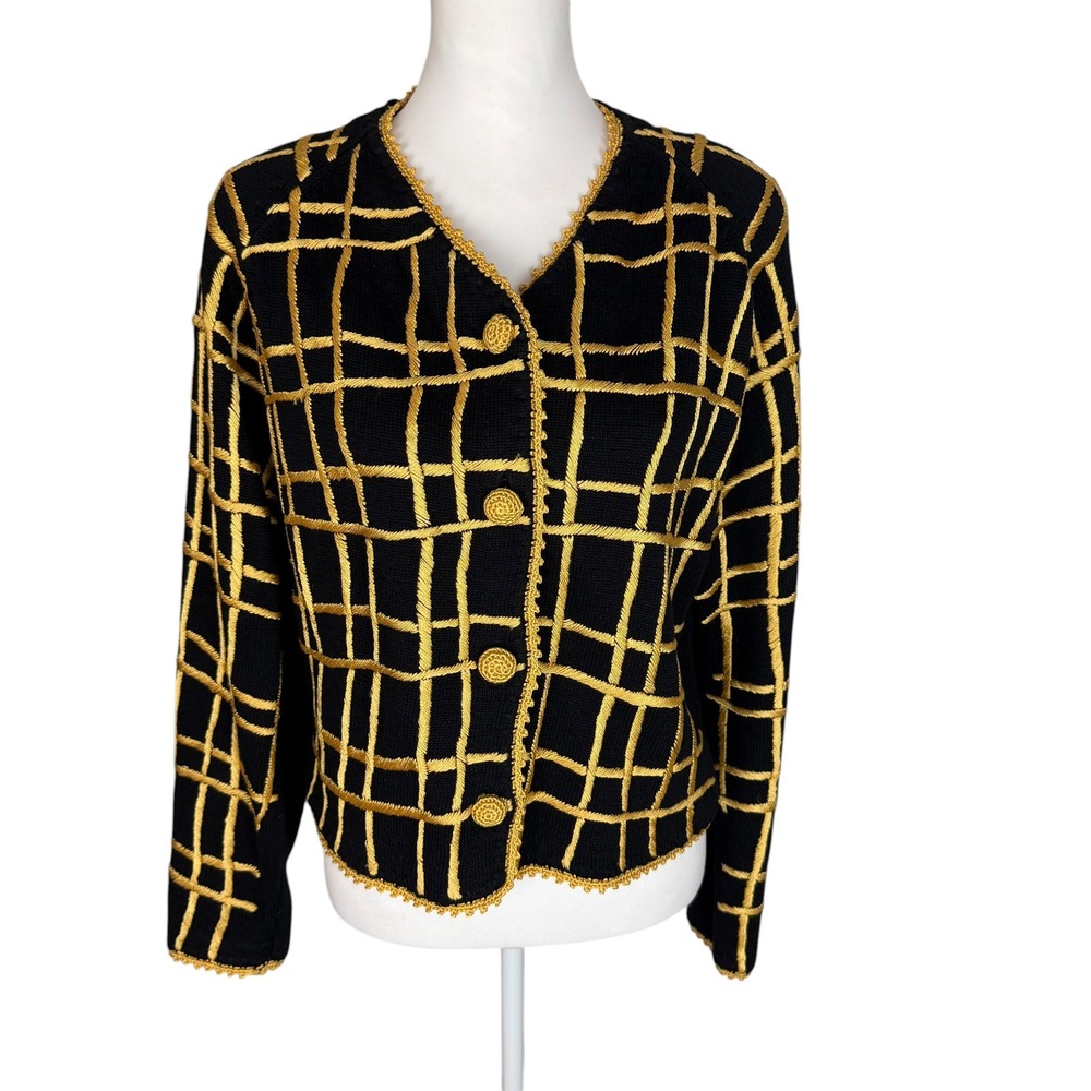Michael Simon Vintage 90s Black Gold Grid Cardigan Sweater Womens Large